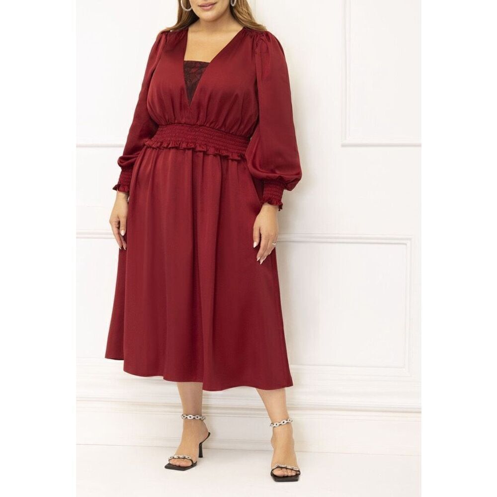 Eloquii Elements Red Smocked Waist Midi Dress Sz … - image 1